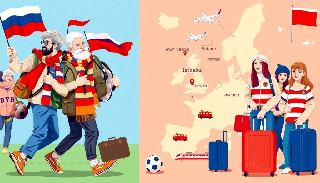 История выездных путешествий болельщиков - иллюстрация